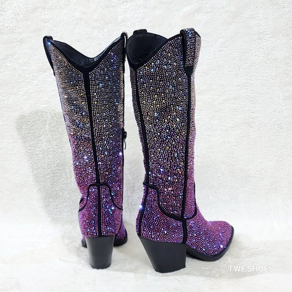 Western Glow Multi Purple Ombre Rhinestone Disco Cowgirl Knee Boots - Picture 4 of 17